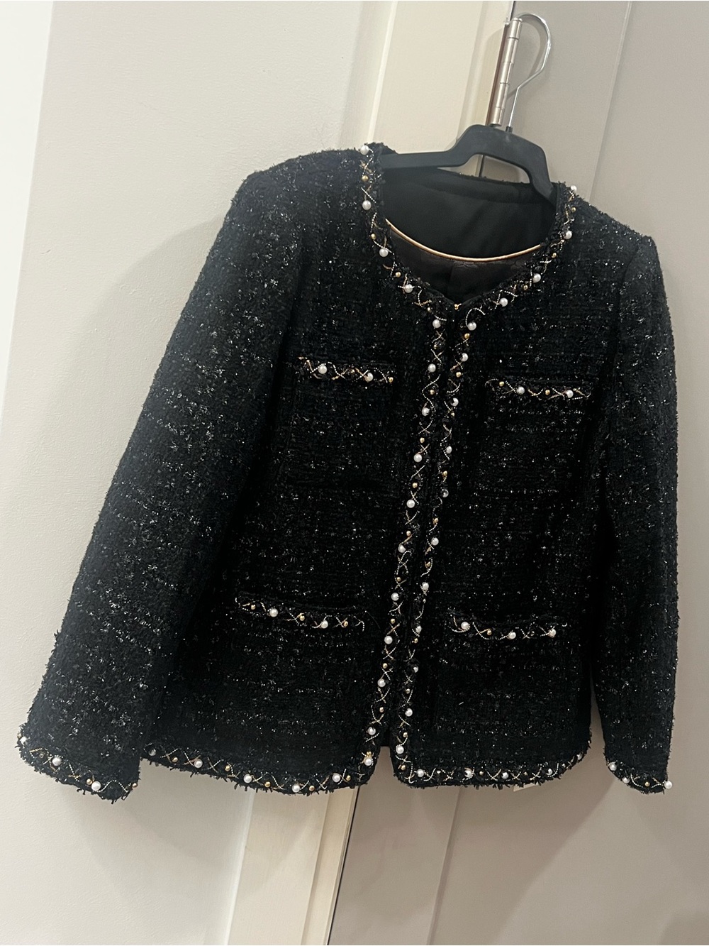 Black Bouclé Pearl-Trim Jacket - Picture 2 of 6